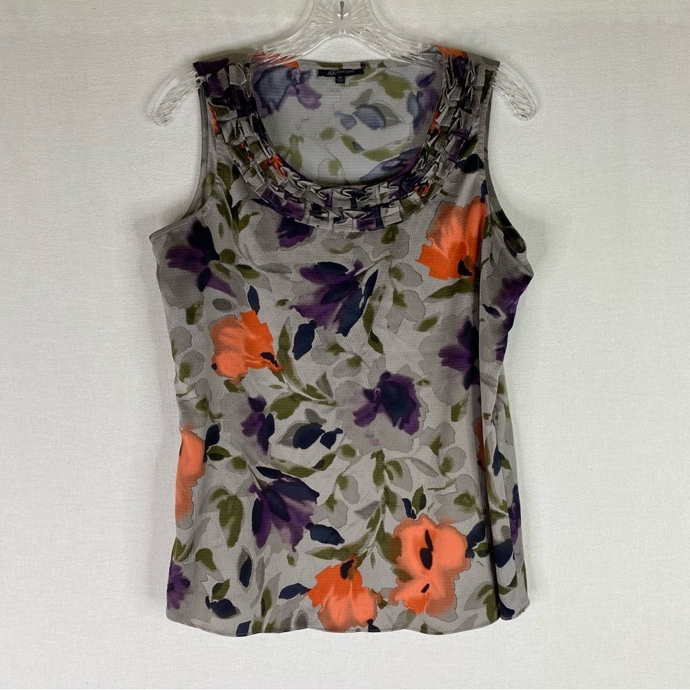 Anne Klein Tank Top Women’s Purple Gray Floral Sleeveless Business Casual Ruffle - Picture 2 of 9